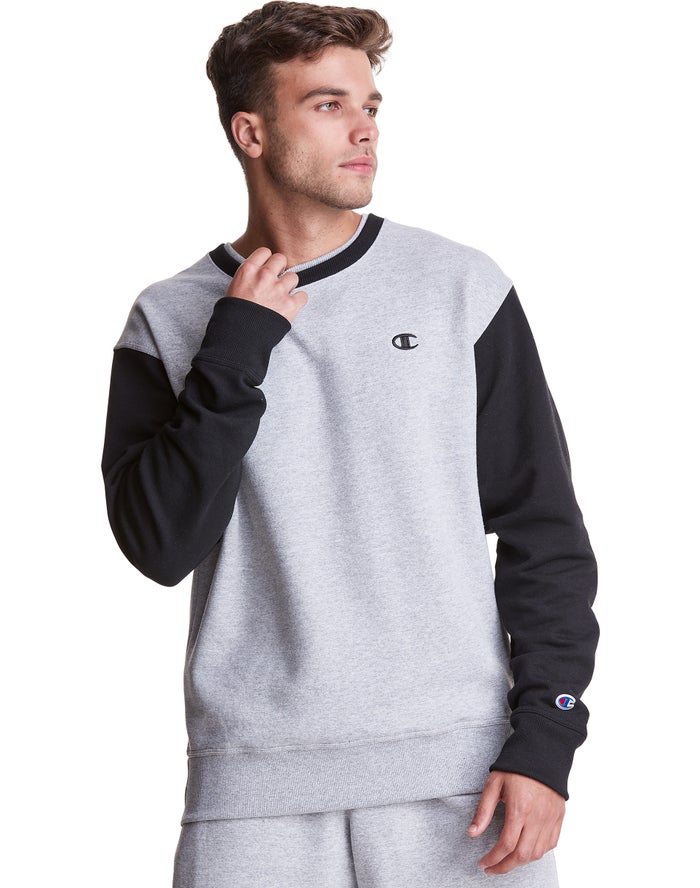 Champion Powerblend Fleece Crew Double Collar Crew Embroidered C Logo Grey/Black Sweatshirt Mens - S